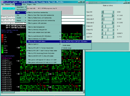 Filter menu and Ratio filter submenu showing options and 
Preference State sliders of active filters