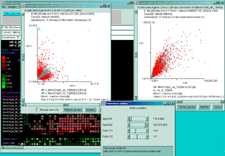 Filtering using multiple filters (Spot Intensity and Ratios of samples) 
and multiple thresholds