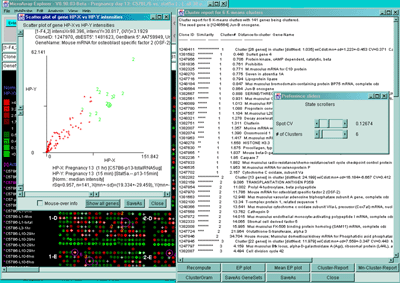 K-means clustering, current cluster (#4) in scatter plot, clone 
report on right