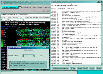 Cluster counts showing clusters with large # genes with larger circles, 
cluster count report on right