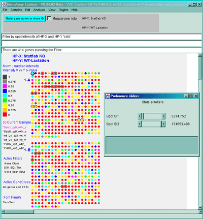 Pseudoarray image showing color coded p-values for t-test comparison of 
HP-X and HP-Y 'set' samples